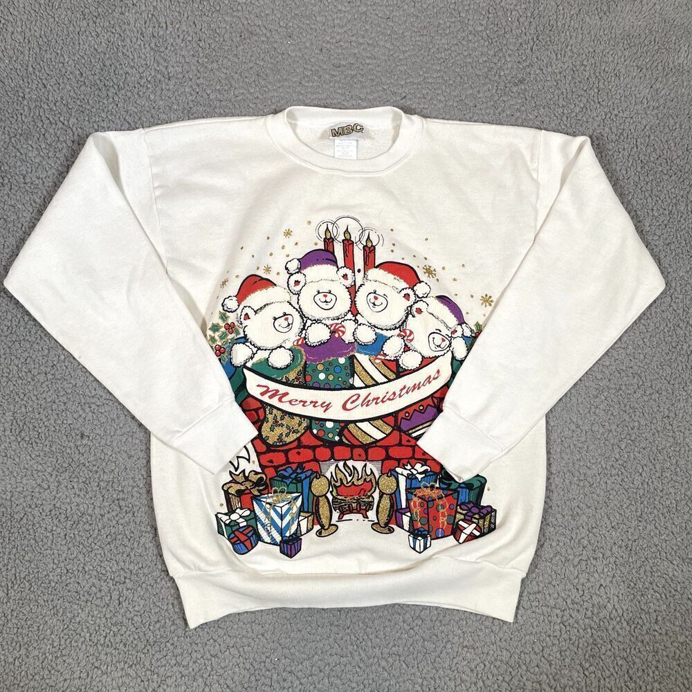 Vintage Christmas Pullover Sweatshirt Women's Crew Neck Teddy Bears MBC Large
